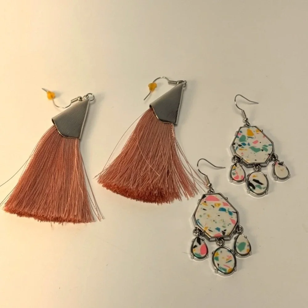 Earring Set Mauve Pink Tassel and Terrazzo Print Geometric‎ Drop Earrings